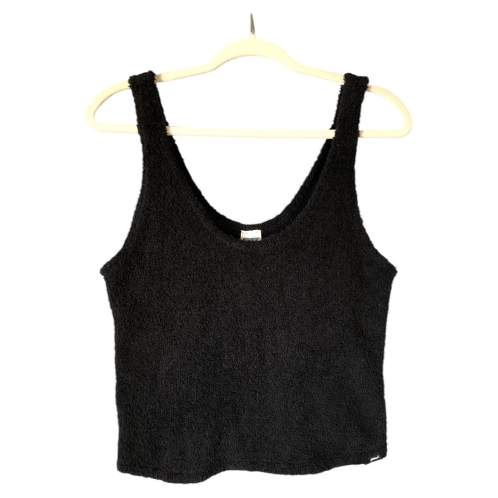 Victoria's Secret Pink Black Fuzzy Crop Tank Top Sleeveless Sleepwear Fleece Y2K
